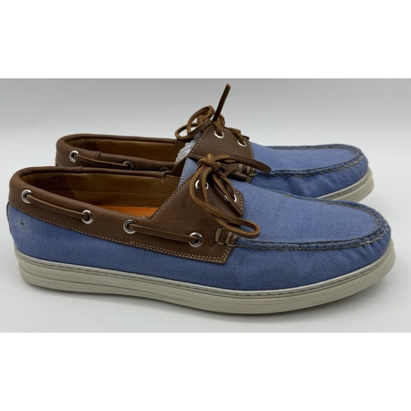 Peter Millar Seaside Washed Blue Canvas & Brown Leather Boat Shoes Mens SZ 10.5M - Picture 4 of 11